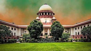 Supreme Court of India with lush greenery in front, symbolising justice and authority.