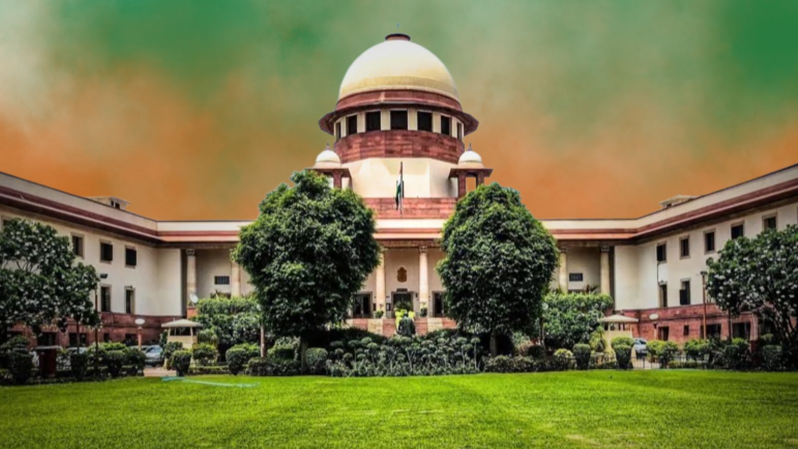 Supreme Court of India with lush greenery in front, symbolising justice and authority.