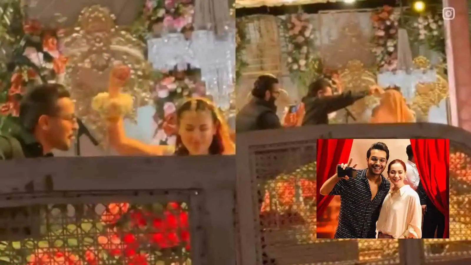 Hania Aamir and Asim Azhar dancing together at a wedding celebration.