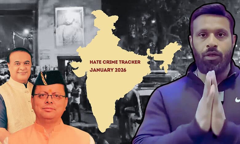 Man praying with a map of India highlighting hate crime statistics for January 2026.