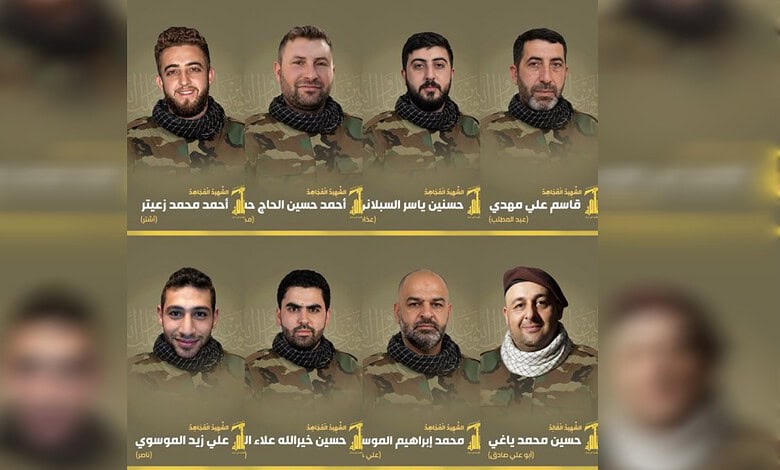 Group of Hezbollah members in military attire, with Arabic text overlay, during a news report.
