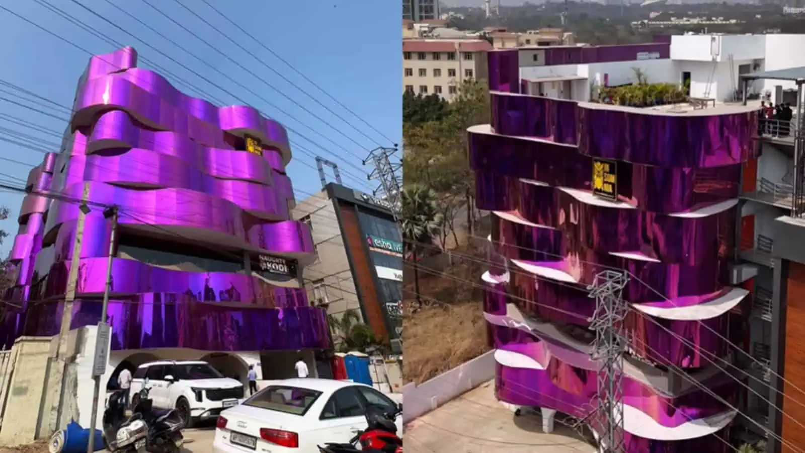 Colourful purple building with unique curved design in Hyderabad.
