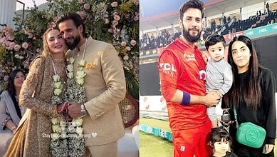 Imad Wasim with his wife and children at his wedding celebration.
