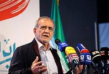 Iranian President Masoud Pezeshkian speaks during a public address in Tehran.