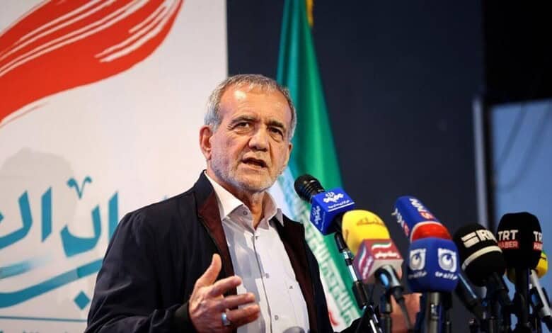 Iranian President Masoud Pezeshkian speaks during a public address in Tehran.