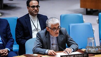 Iran’s UN envoy Amir Saeid Iravani speaks during a Security Council meeting in New York.