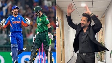 Irfan Pathan joyfully celebrates India's cricket win against Pakistan with Bollywood dance moves.