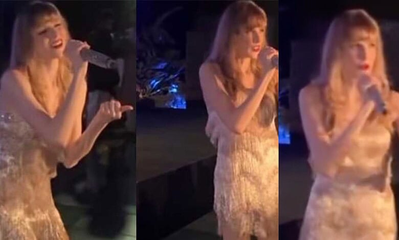 Taylor Swift singing at a wedding event in Jamnagar, India, during a special celebration.