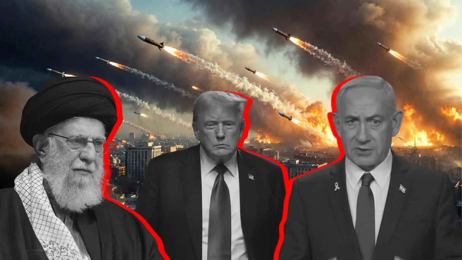 Leaders of Iran, US, and Israel amid missile strikes and explosions in a city skyline.