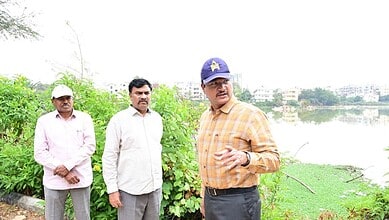 Hydraa Commissioner inspecting Gangaram and Eerla ponds for water management.