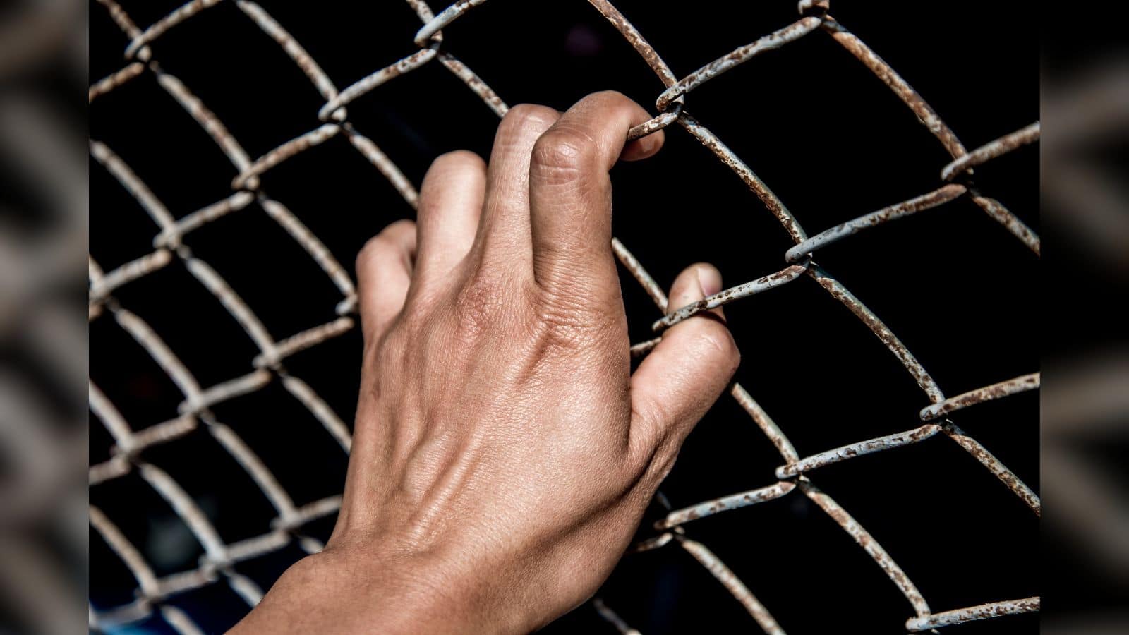 Hand gripping rusty wire fence, symbolising imprisonment or restriction.