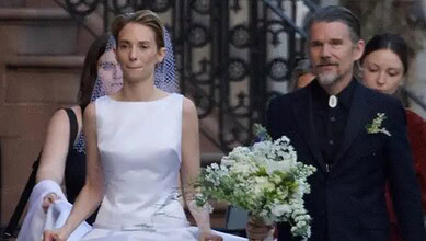 Maya Hawke in wedding dress with Christian Lee Hutson at their wedding.