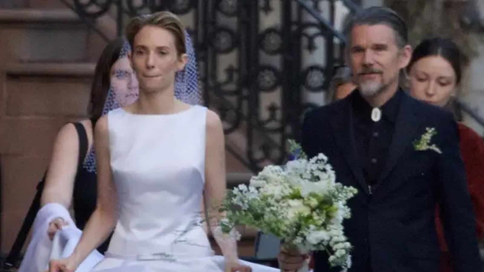 Maya Hawke in wedding dress with Christian Lee Hutson at their wedding.