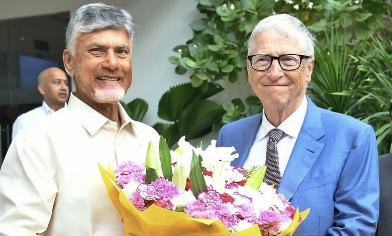 Andhra CM and Bill Gates during a meeting at Amaravati's secretariat.