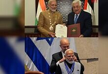 Prime Minister Narendra Modi receives Israel’s Speaker of the Knesset Medal in 2026 and the Grand Collar of the State of Palestine in 2018.