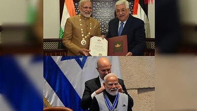Prime Minister Narendra Modi receives Israel’s Speaker of the Knesset Medal in 2026 and the Grand Collar of the State of Palestine in 2018.