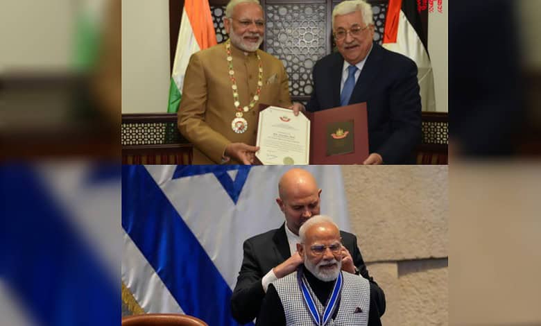 Prime Minister Narendra Modi receives Israel’s Speaker of the Knesset Medal in 2026 and the Grand Collar of the State of Palestine in 2018.
