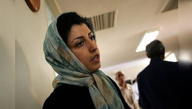 Narges Mohammadi, Iranian Nobel Peace Prize laureate and human rights activist, speaks during an event.