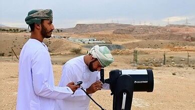 Oman announces the first day of Ramzan 2026, with two men observing the moon to mark the Islamic hol.