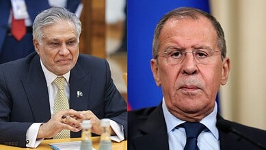Pakistan Foreign Minister Ishaq Dar (left) and Russian Foreign Minister Sergey Lavrov (right)