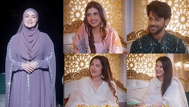Sana Khan with celebrity guests on her Ramzan show, celebrating Eid.