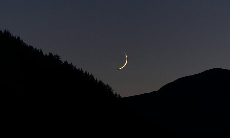 Crescent moon over mountains in Hyderabad for Muharram moon sighting meeting.