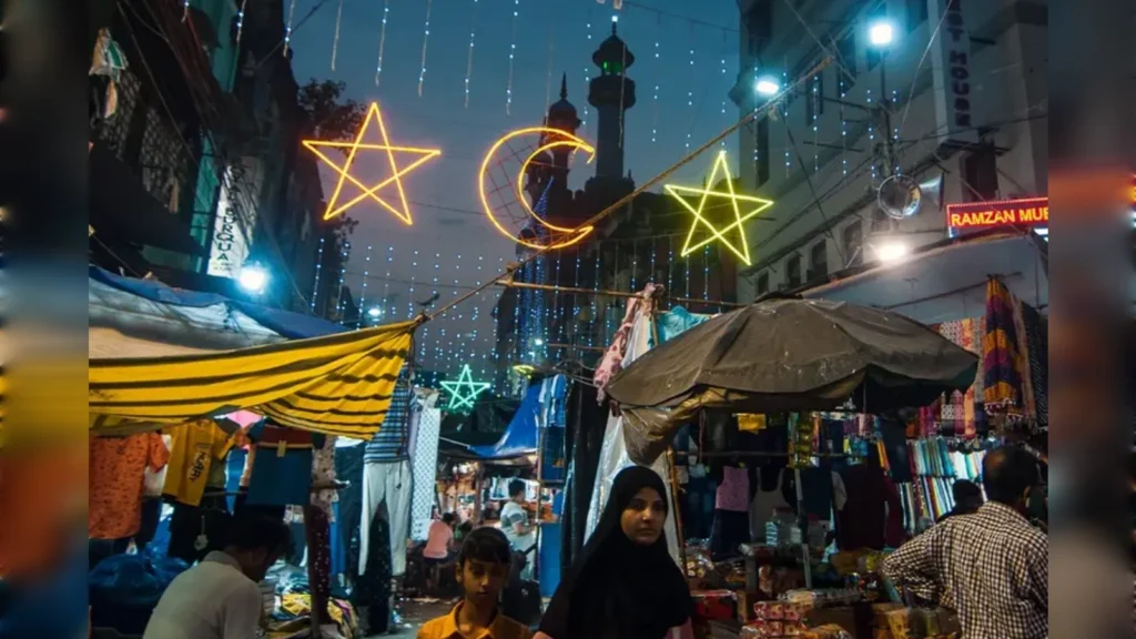 Festive market scene with Ramadan decorations in Turkey and Singapore during Ramzan 2026.