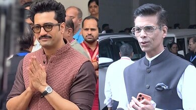 Vicky Kaushal (left) and Karan Johar (right) attend RSS's centenary year event in Mumbai