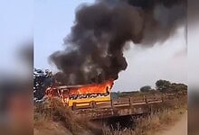 Image shows a burning school bus