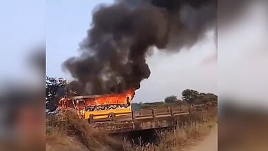 Image shows a burning school bus