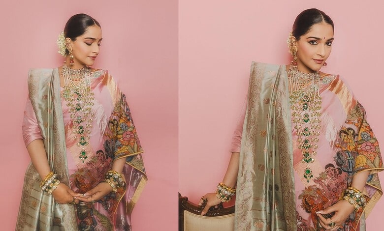 Sonam Kapoor showcasing a Hyderabadi Nizami Satlada Haar jewelry piece.