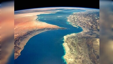 Satellite view of the Strait of Hormuz amid Iran's temporary closure.