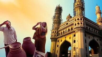 The image shows people near Hyderabad's iconic Charminar during sunset, highlighting the start of rising temperatures and upcoming rains in late February.