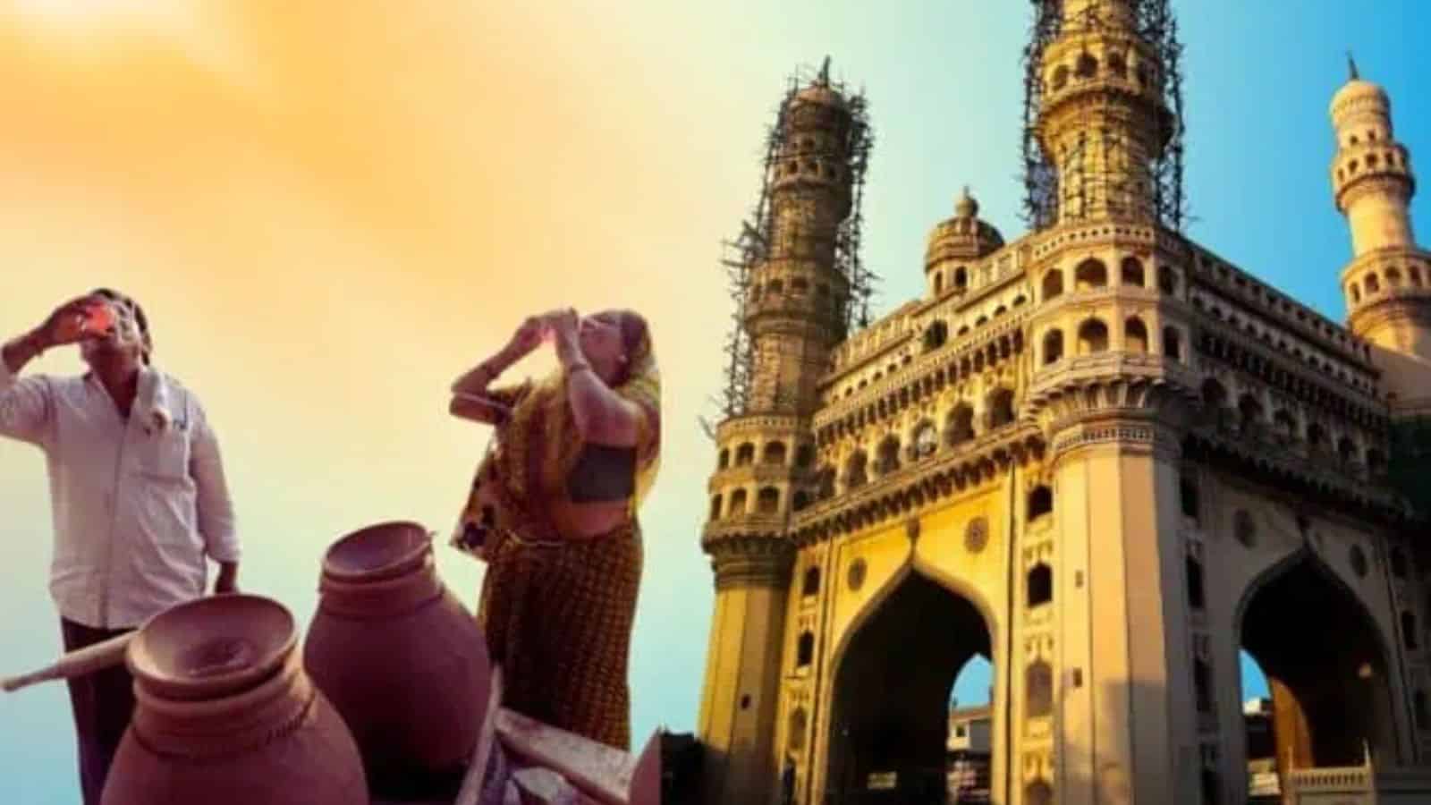 The image shows people near Hyderabad's iconic Charminar during sunset, highlighting the start of rising temperatures and upcoming rains in late February.