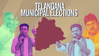Telangana municipal elections campaign with candidates speaking at rally.
