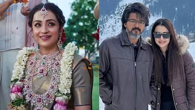Vijay and Trisha during a wedding celebration, highlighting their reactions and interactions.