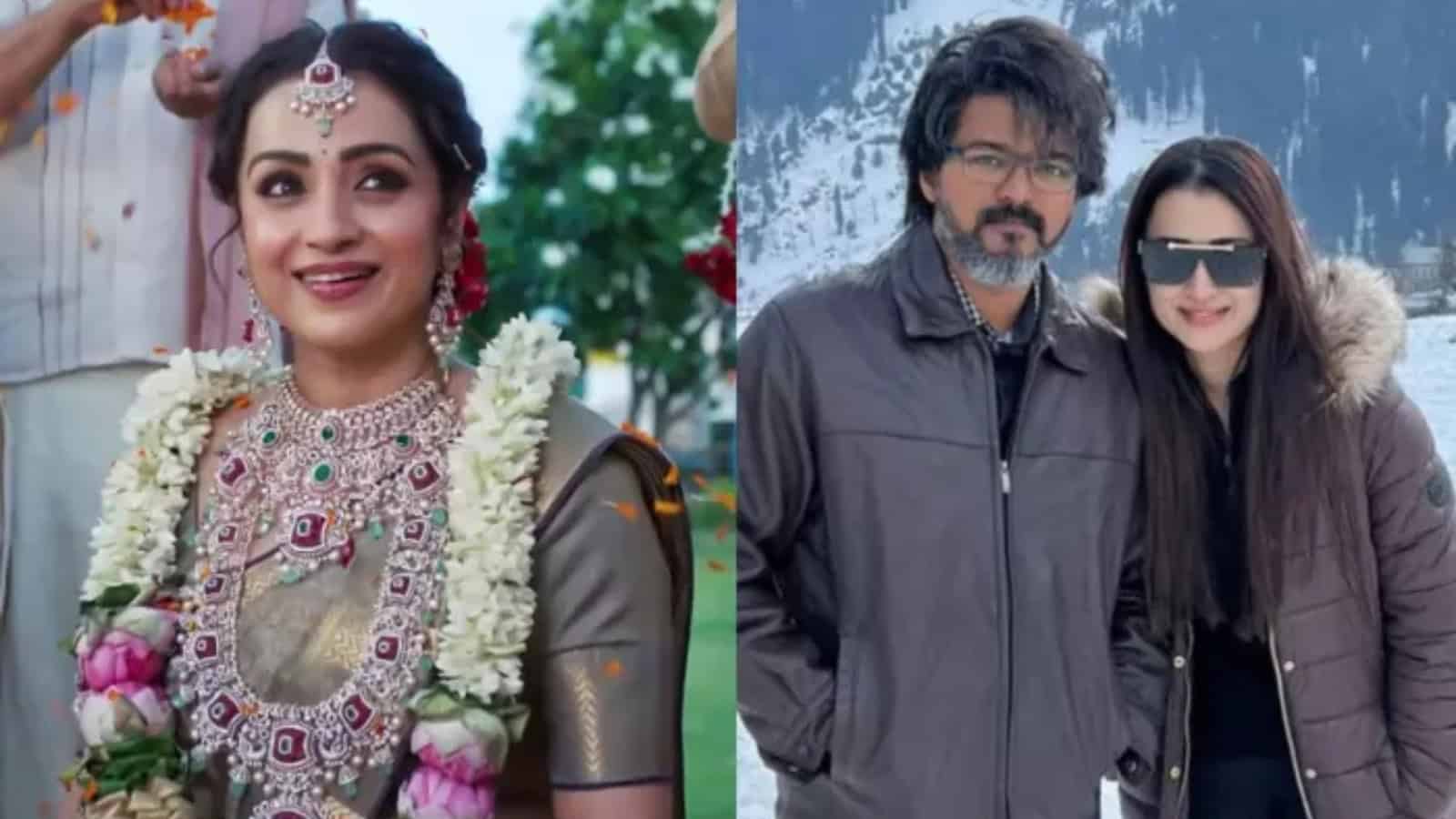 Vijay and Trisha during a wedding celebration, highlighting their reactions and interactions.