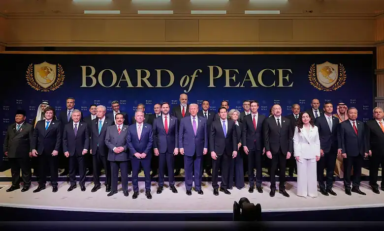 Group photo of officials and dignitaries at the Board of Peace event, showcasing leadership and collabora.