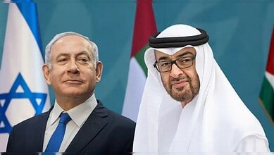 Israeli and Emirati leaders at diplomatic meeting.