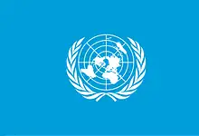 United Nations emblem on a blue background.