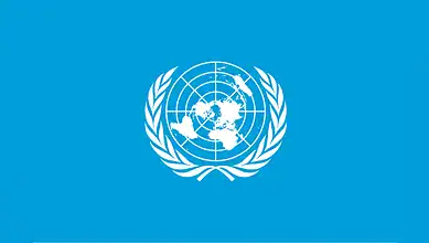 United Nations emblem on a blue background.