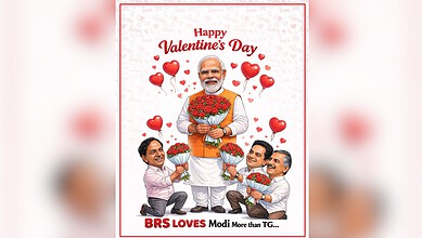 Indian politician BRS leader with supporters holding flowers on Valentine's Day.