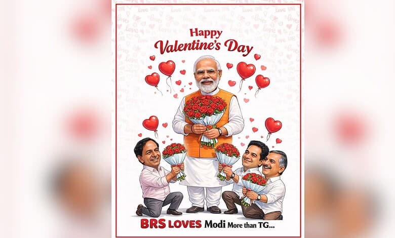 Indian politician BRS leader with supporters holding flowers on Valentine's Day.