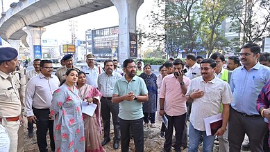 Officials inspect road widening works at Hitech city