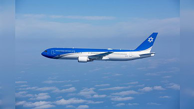 Israeli Boeing 737 plane flying above clouds with Star of David on tail.