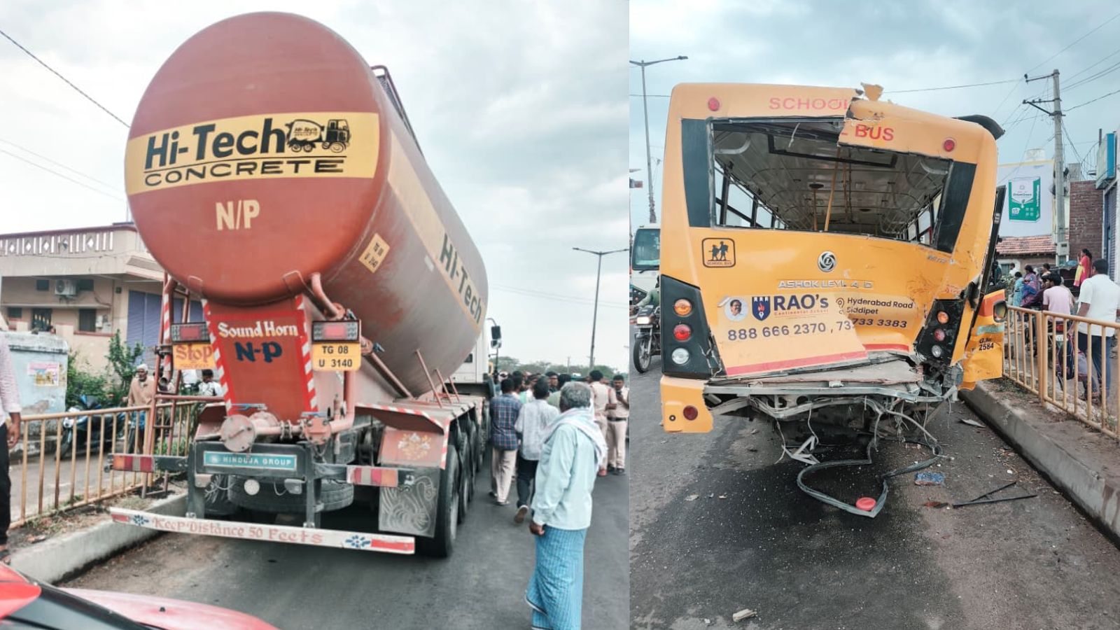 The cement mixer and the damaged bus