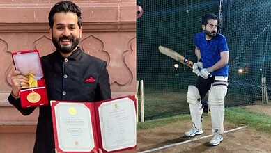 Male cricketer turned Bollywood director holding award and certificate, practicing cricket at night with.