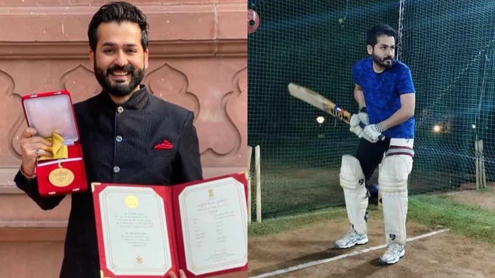 Male cricketer turned Bollywood director holding award and certificate, practicing cricket at night with.