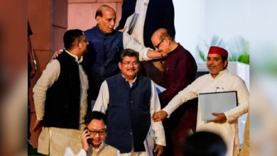 Union Defence Minister Rajnath Singh, Congress MPs Mukul Wasnik and Tariq Anwar, Samajwadi Party (SP) MP Dharmendra Yadav and others leave after the all-party meeting convened by the government to discuss the ongoing West Asia crisis, in New Delhi on Wednesday, March 25.