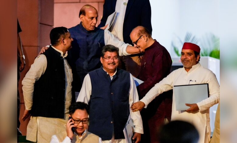 Union Defence Minister Rajnath Singh, Congress MPs Mukul Wasnik and Tariq Anwar, Samajwadi Party (SP) MP Dharmendra Yadav and others leave after the all-party meeting convened by the government to discuss the ongoing West Asia crisis, in New Delhi on Wednesday, March 25.